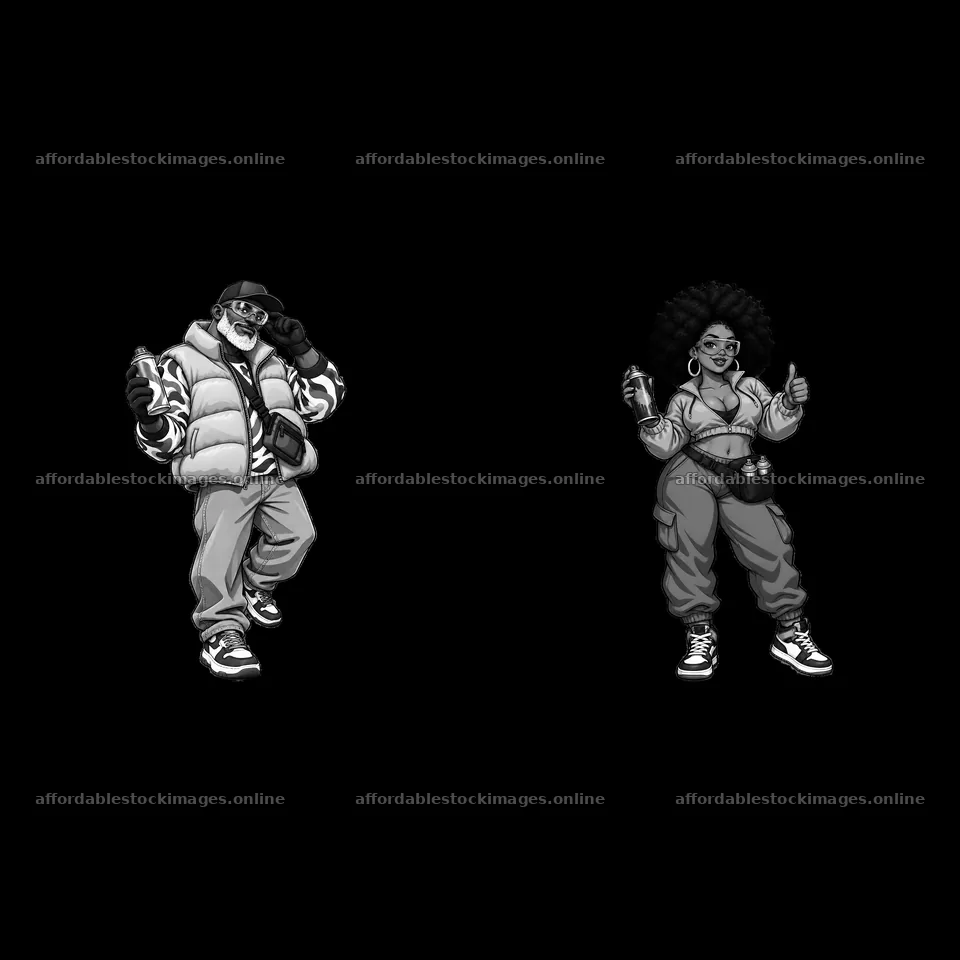 Cartoon graffiti sprayer streetwear characters in monochrome – stock images 7746x7746