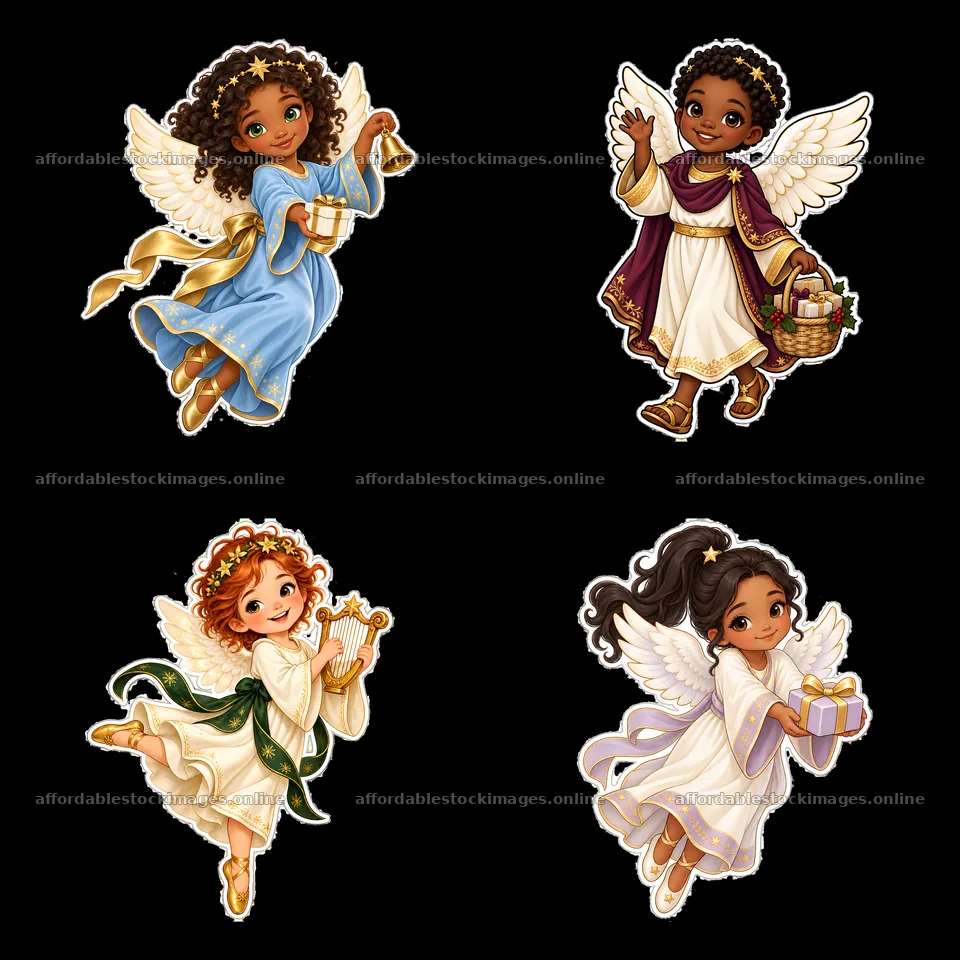 Christ Child figures celebrating Christmas with gifts and music – stock images 7746x7746