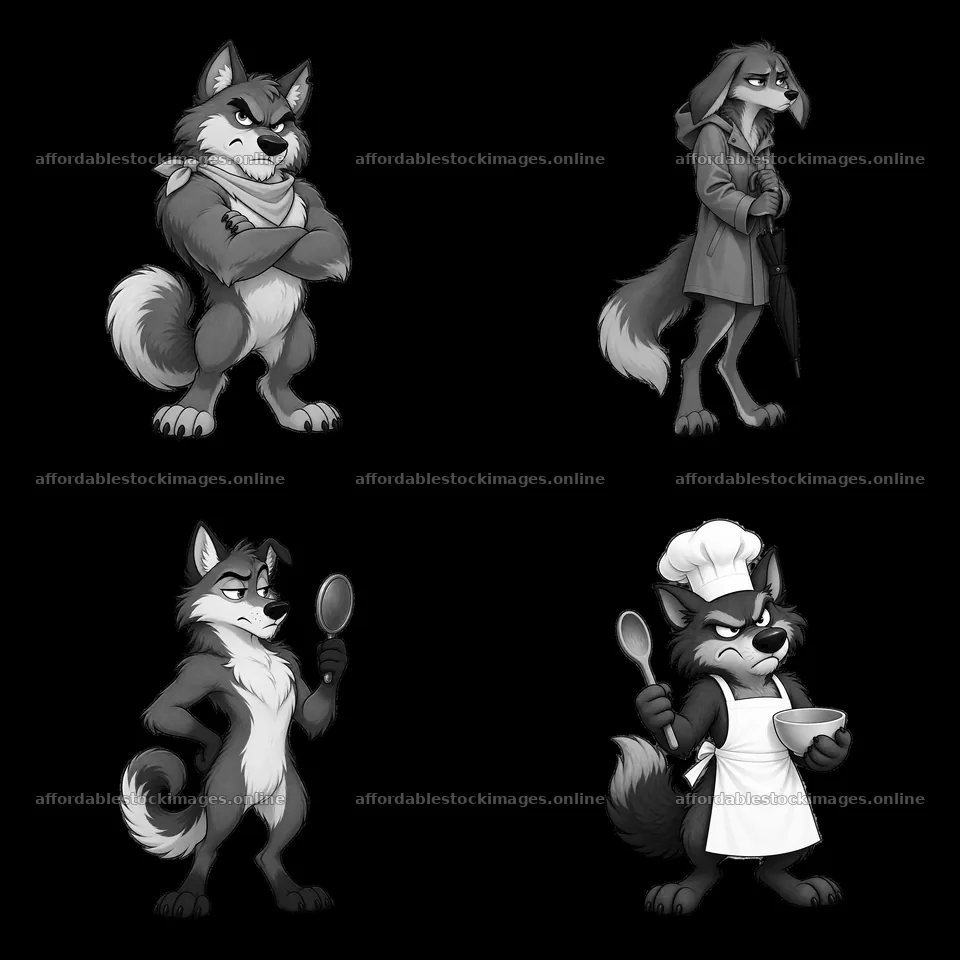 Grumpy wolf characters in various poses and activities – stock images 7746x7746