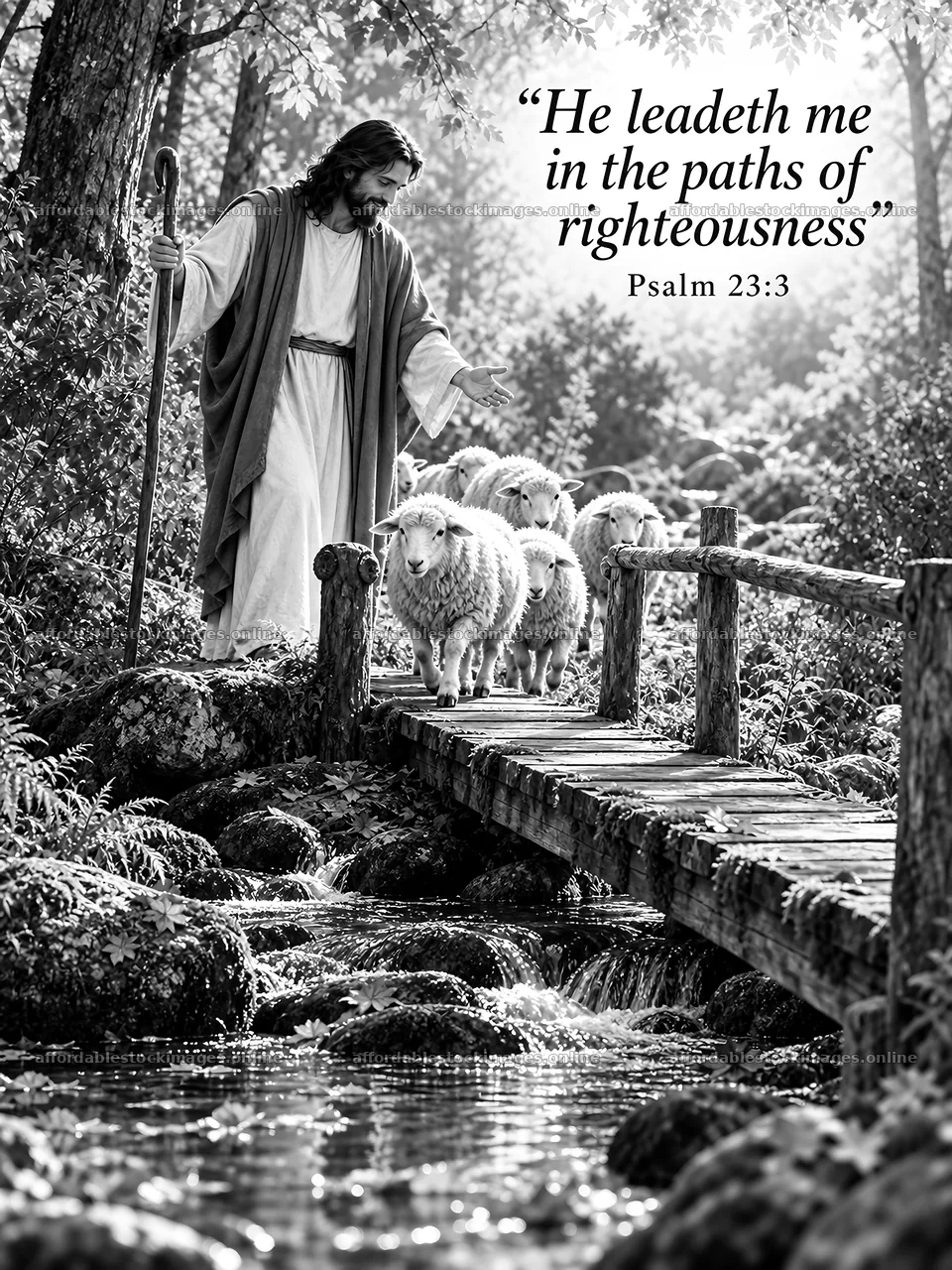 Jesus Christ leading sheep along a bridge in a forest – stock images 6708x8945