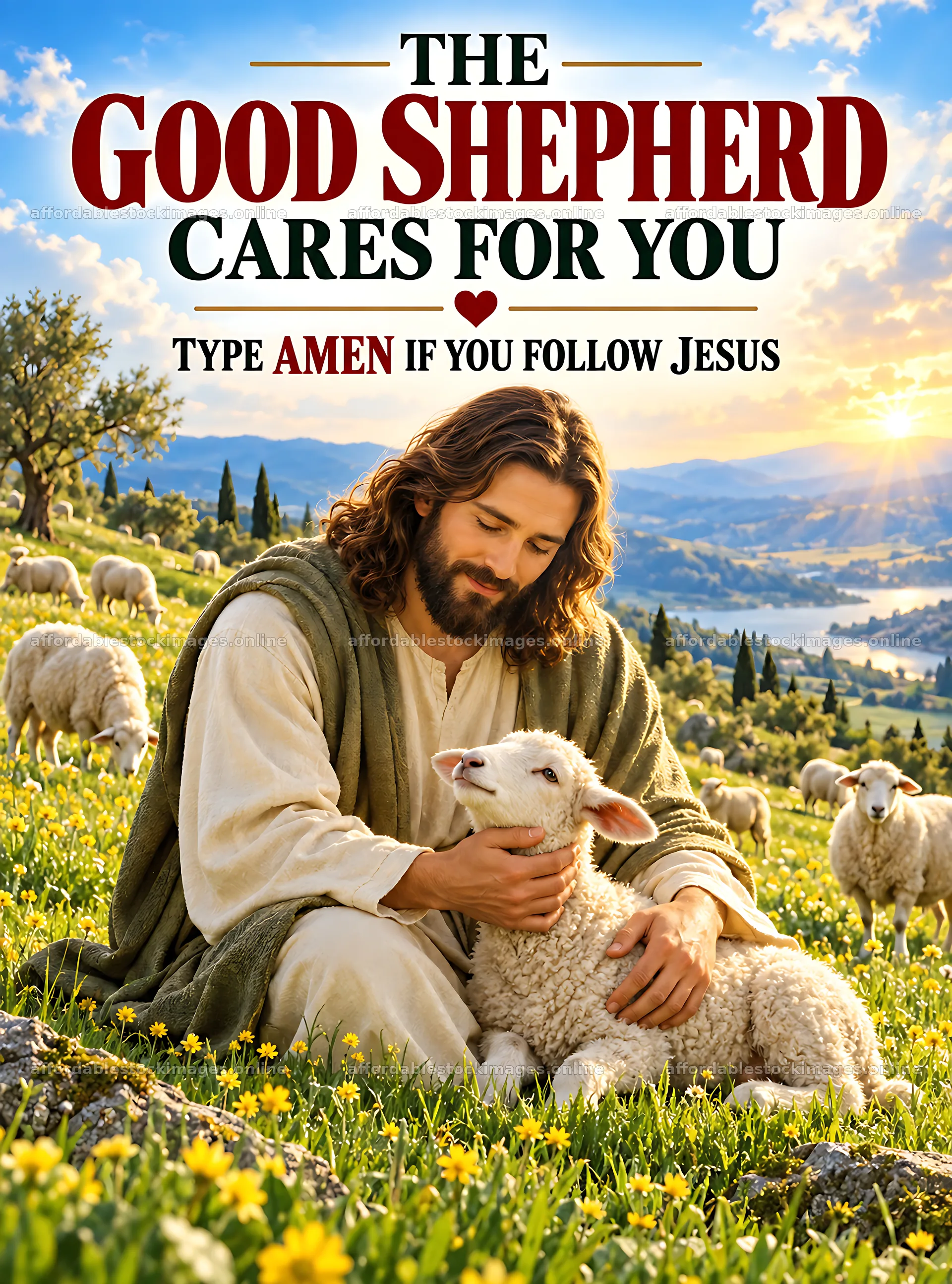Good Shepherd cares for sheep in a green meadow setting – stock images 6836x9216