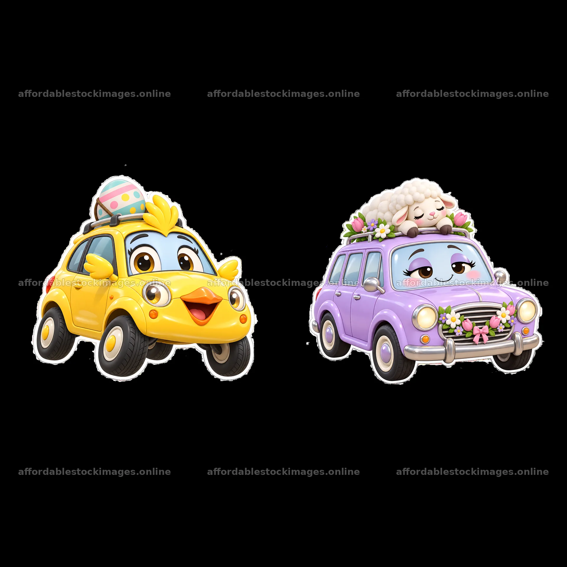 Easter-themed car stickers with cheerful characters and – stock images 7746x7746