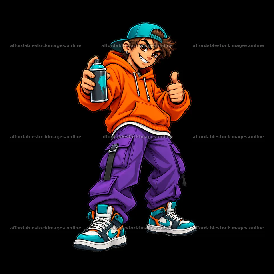 Cool graffiti sprayer in orange hoodie and purple pants – stock images 7746x7746