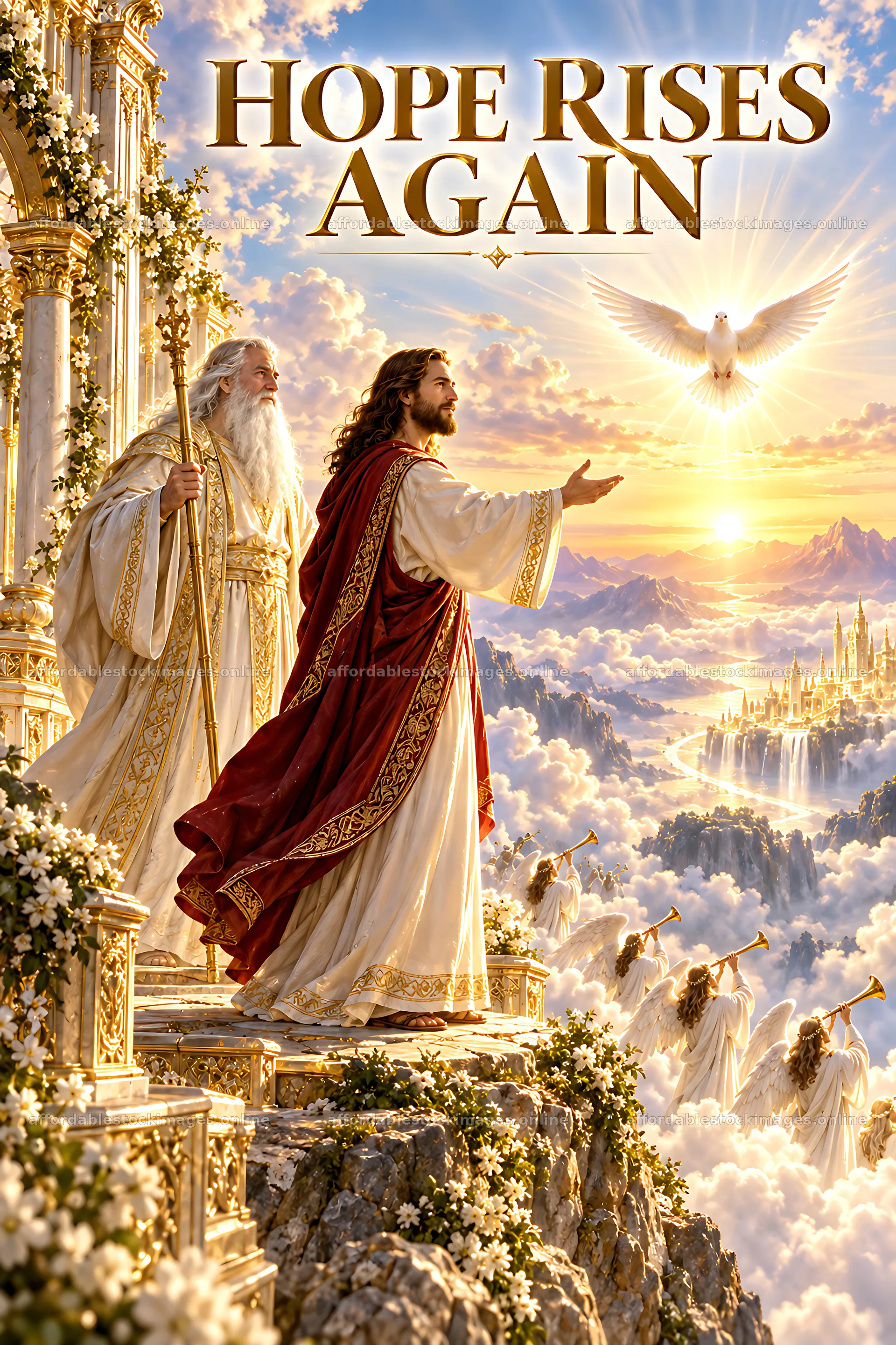 Hope Rises Again with figures in a heavenly landscape – stock images 6480x9722