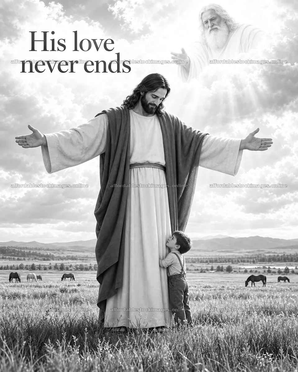 Jesus Christ comforting a child in a pastoral landscape – stock images 6930x8659