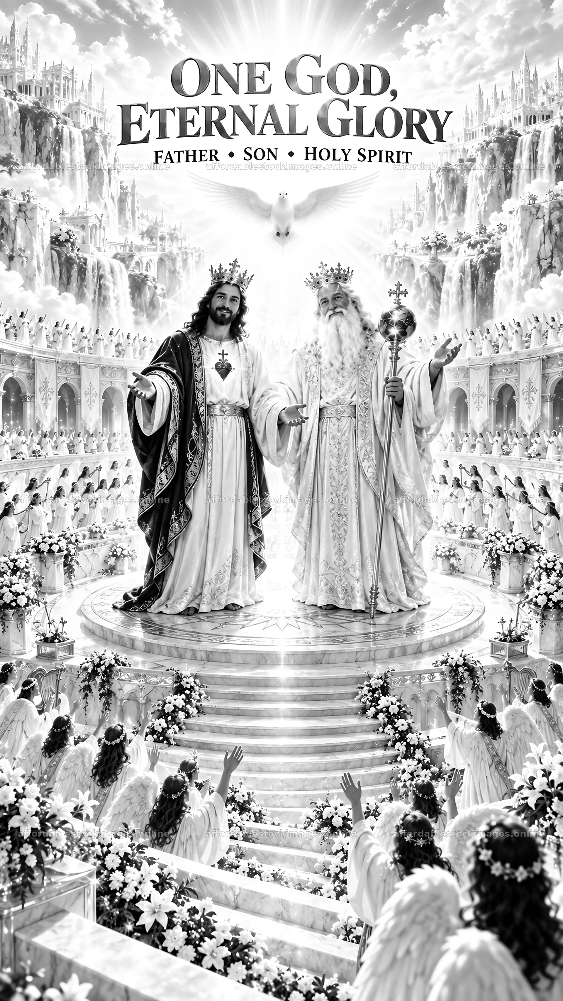 Jesus Christ with God the Father in glory and angels – stock images 5811x10326
