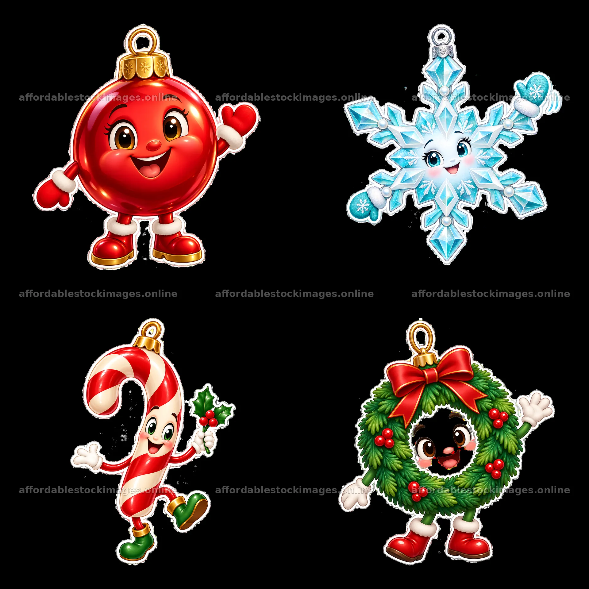Four cartoon figure stickers in a square arrangement – stock images 7746x7746