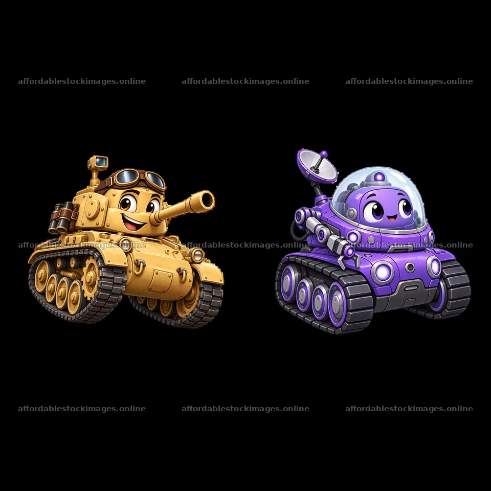 Yellow and purple cartoon tanks with faces and antenna – stock images 7746x7746