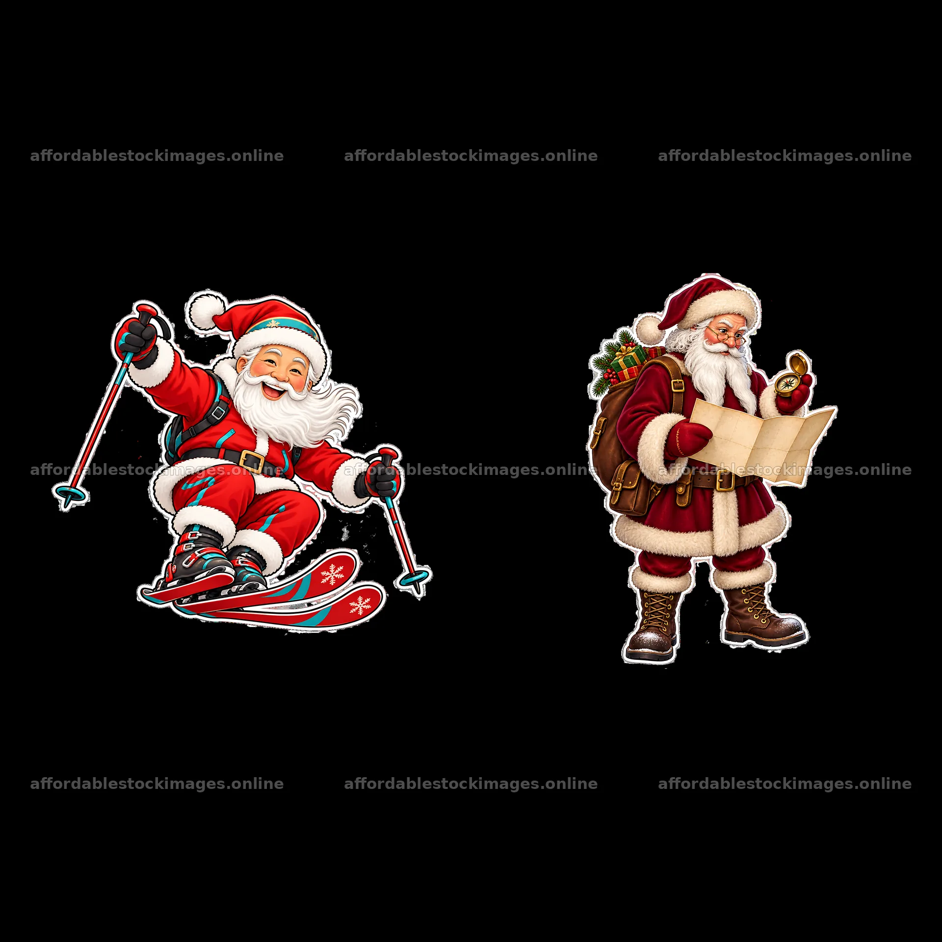 Santa Claus skiing and checking a map in a festive winter scene – stock images 7746x7746