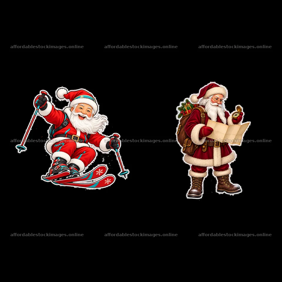 Santa Claus skiing and checking a map in a festive winter scene – stock images 7746x7746
