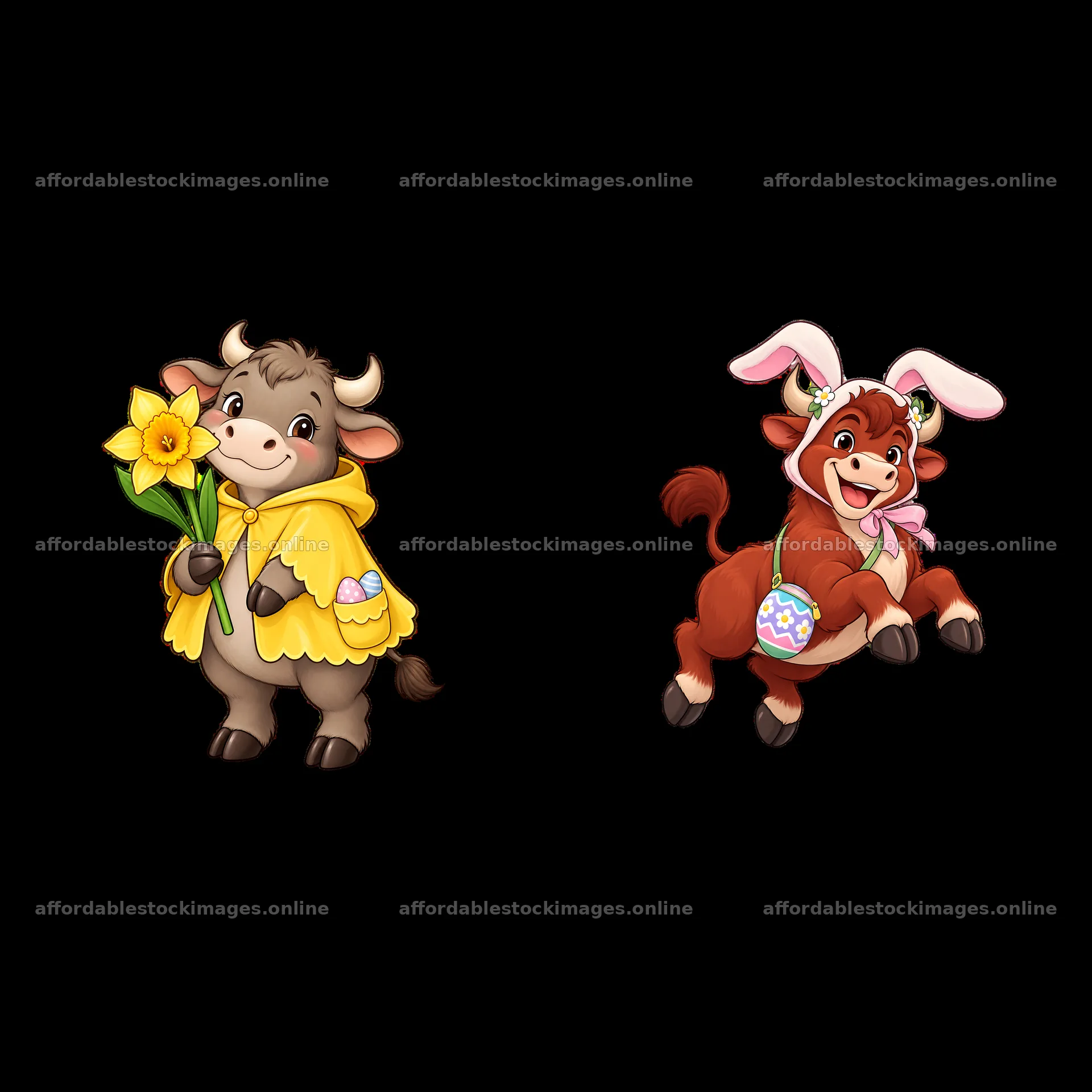 Easter ox characters with flowers and decorated eggs – stock images 7746x7746