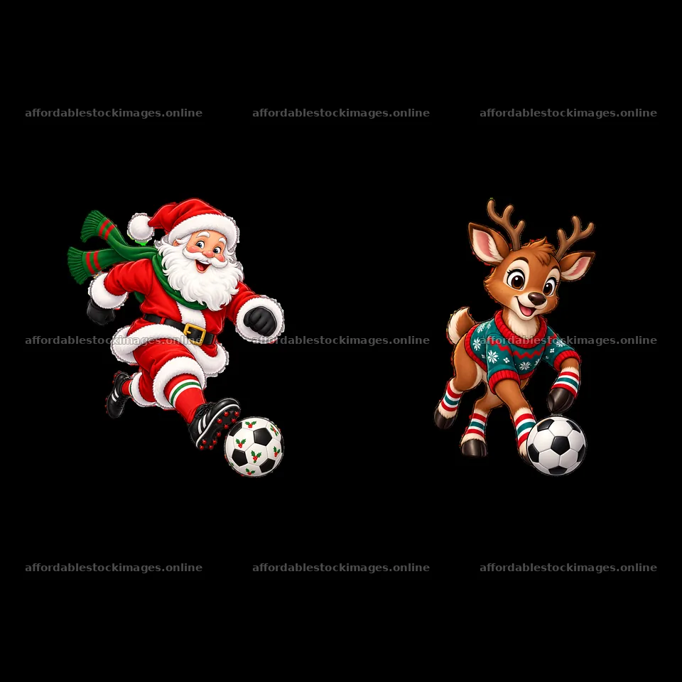 Santa and reindeer playing soccer on Christmas – stock images 7746x7746