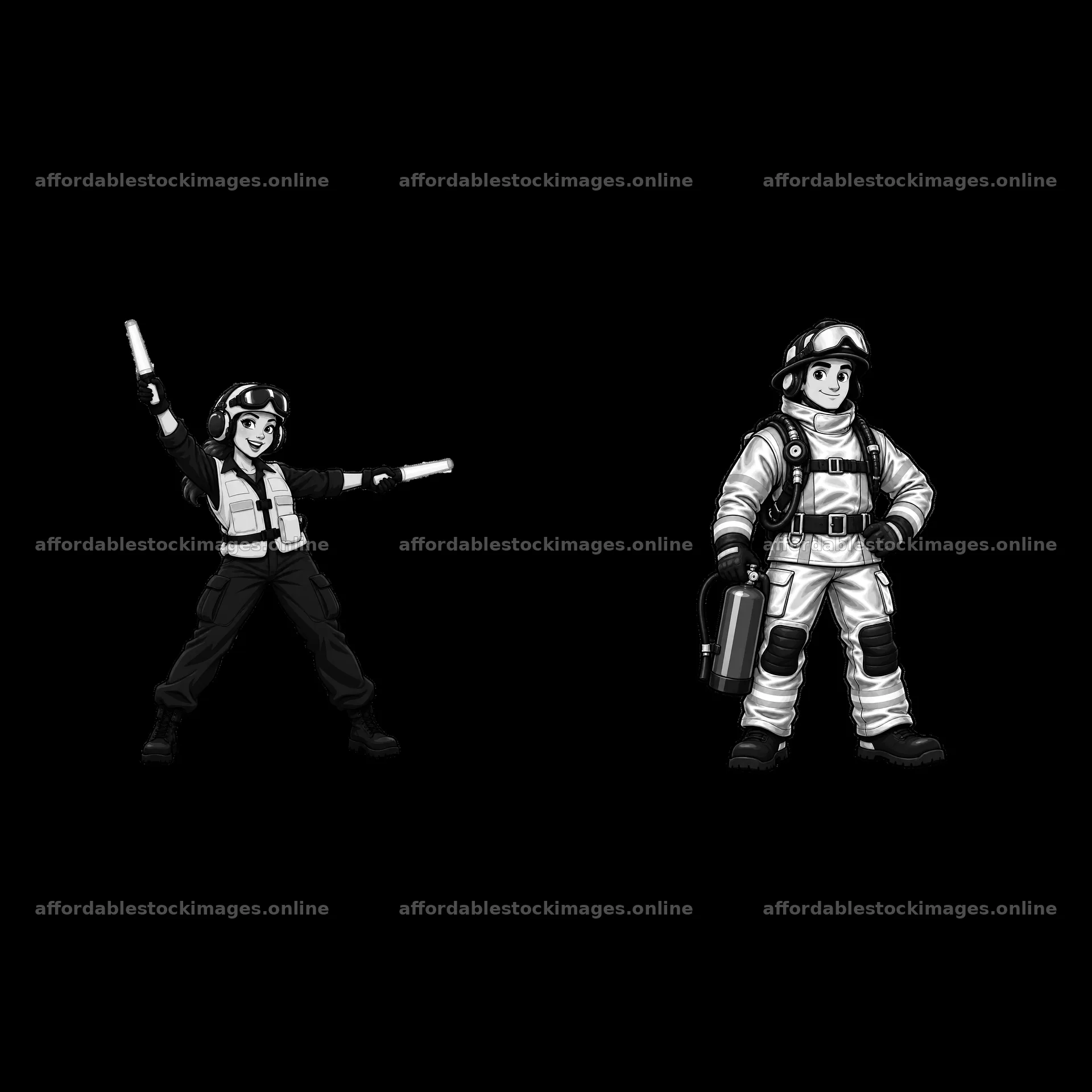 Two cartoon characters represent aircraft carrier crew – stock images 7746x7746