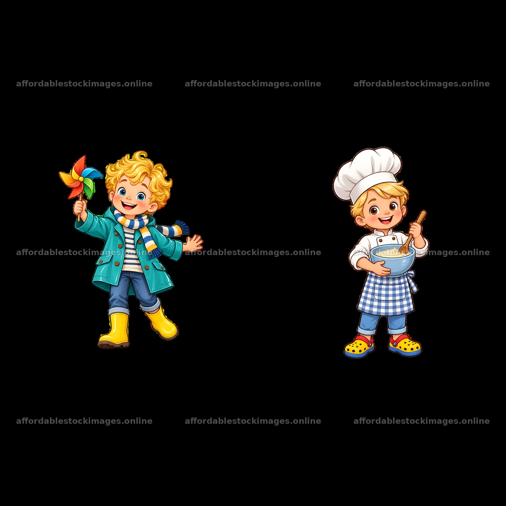 Blond child playing with a pinwheel and cooking in the kitchen – stock images 7746x7746
