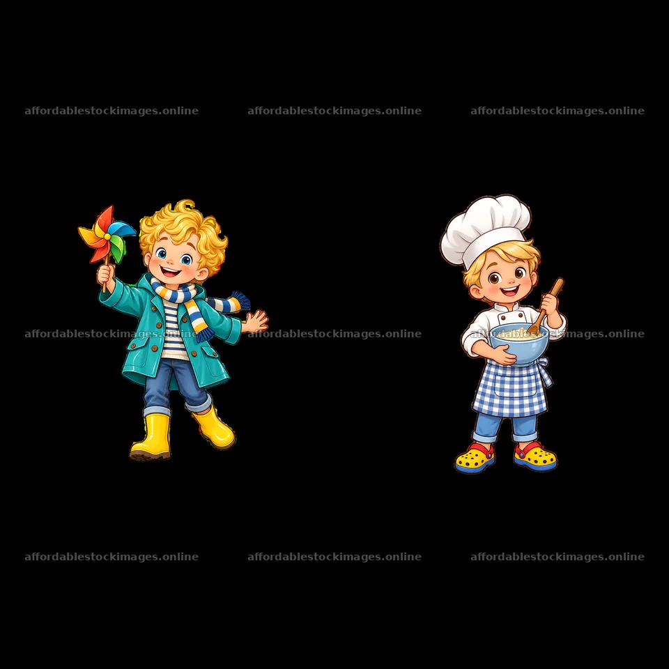 Blond child playing with a pinwheel and cooking in the kitchen – stock images 7746x7746