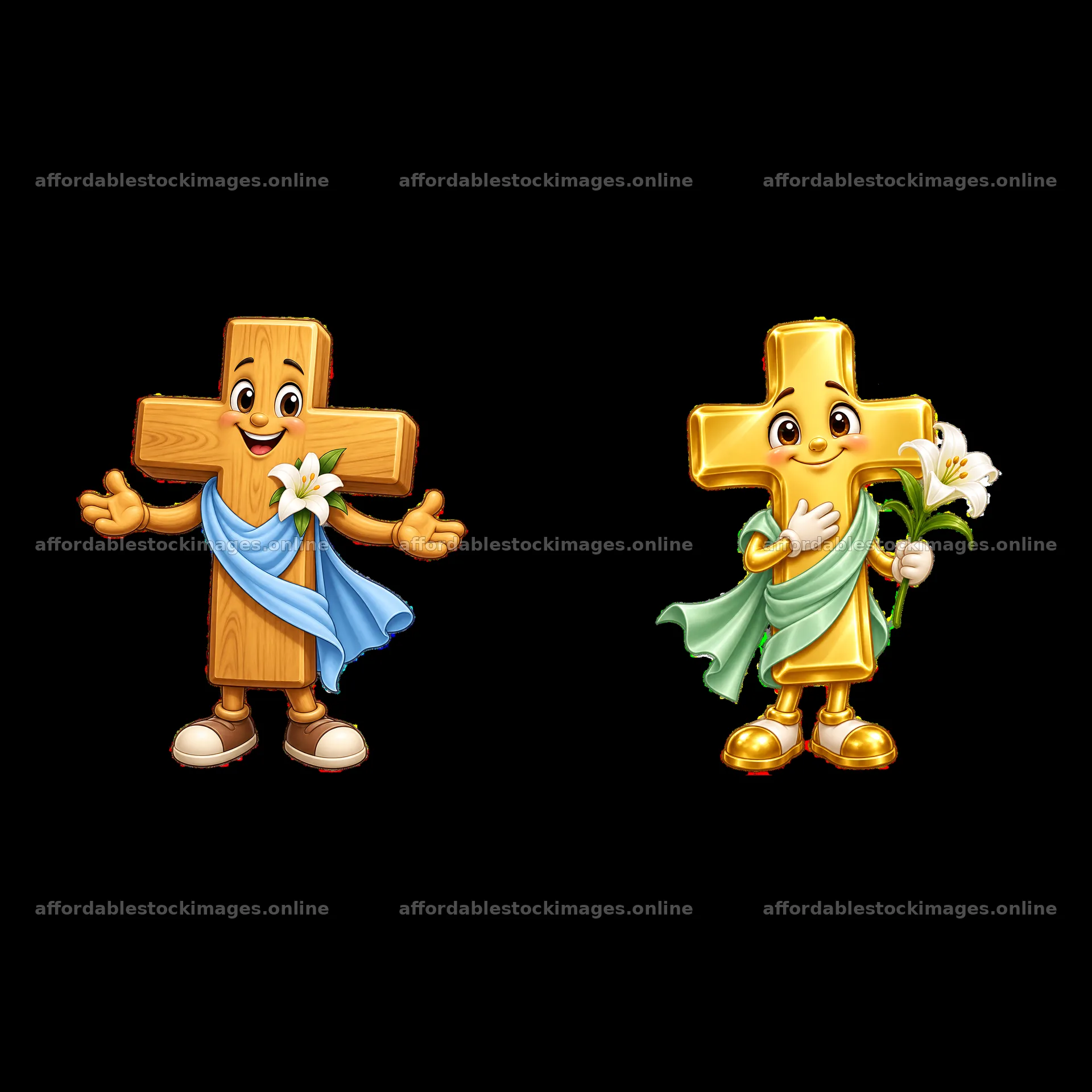 Easter cross characters with flowers and cheerful expressions – stock images 7746x7746
