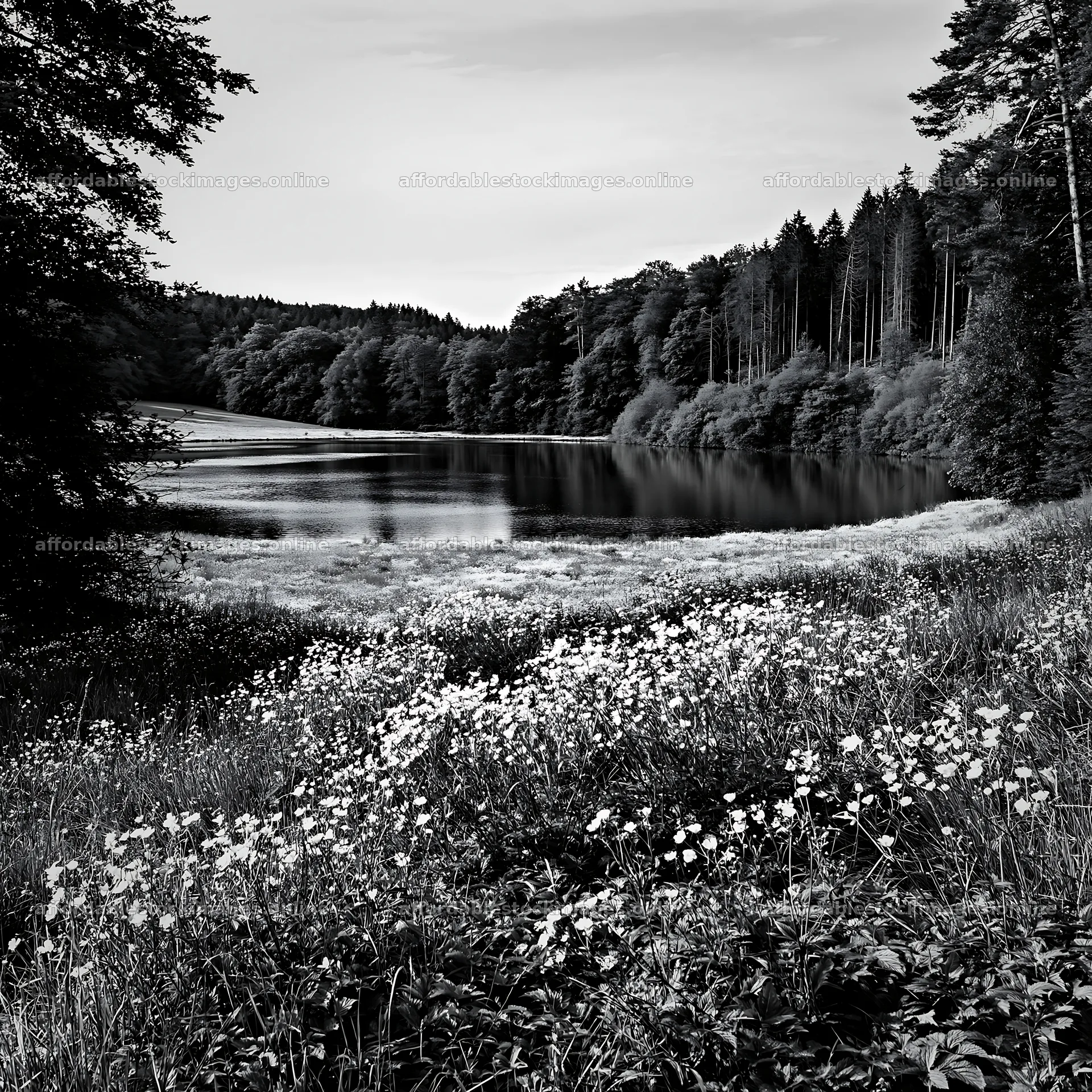 German lakeside meadow with yellow flowers and forest backdrop – stock images 7938x7938