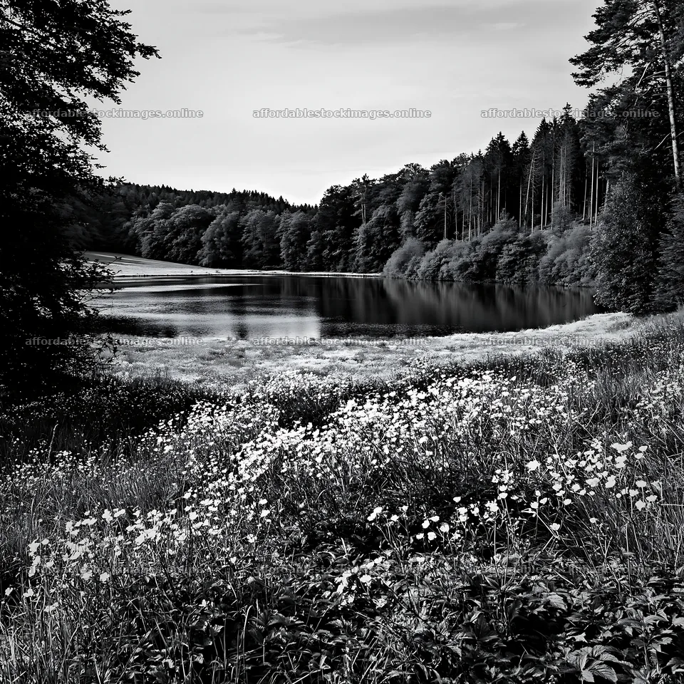 German lakeside meadow with yellow flowers and forest backdrop – stock images 7938x7938