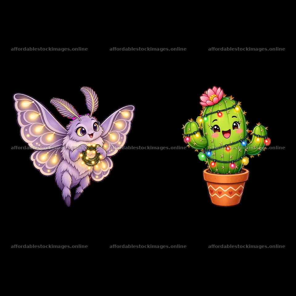 Cute purple moth and smiling cactus with string lights – stock images 7746x7746