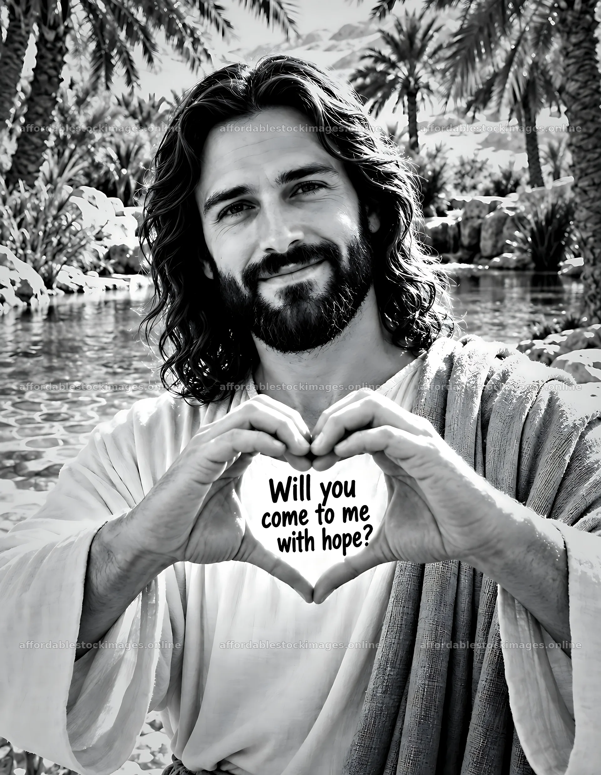 Man in robe holds heart sign near water in desert oasis – stock images 6986x9018