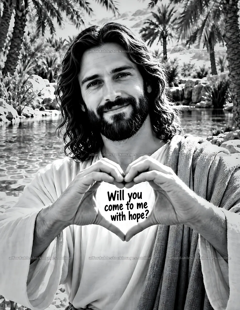 Man in robe holds heart sign near water in desert oasis – stock images 6986x9018