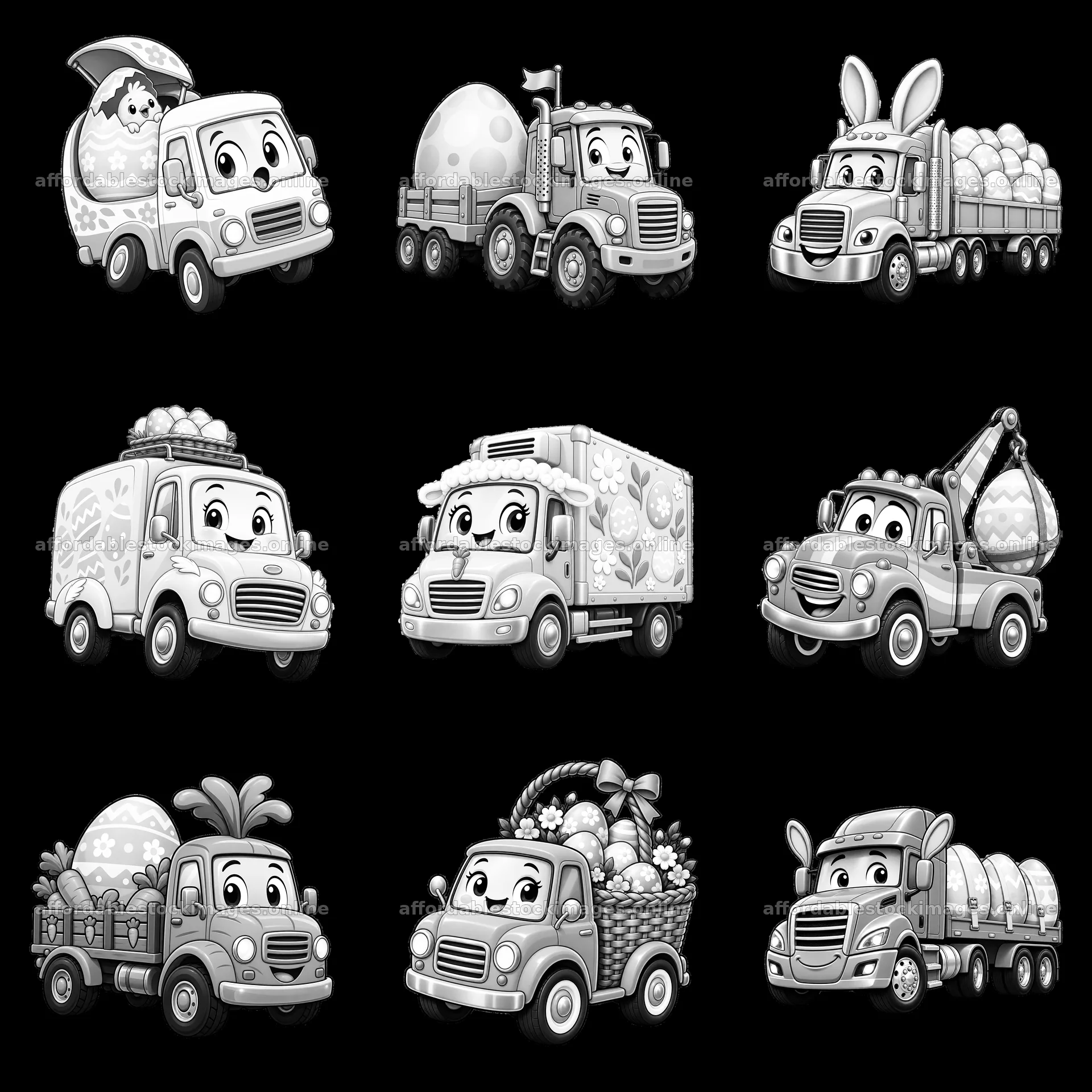 Easter trucks with decorated eggs and basket in monochrome – stock images 7746x7746