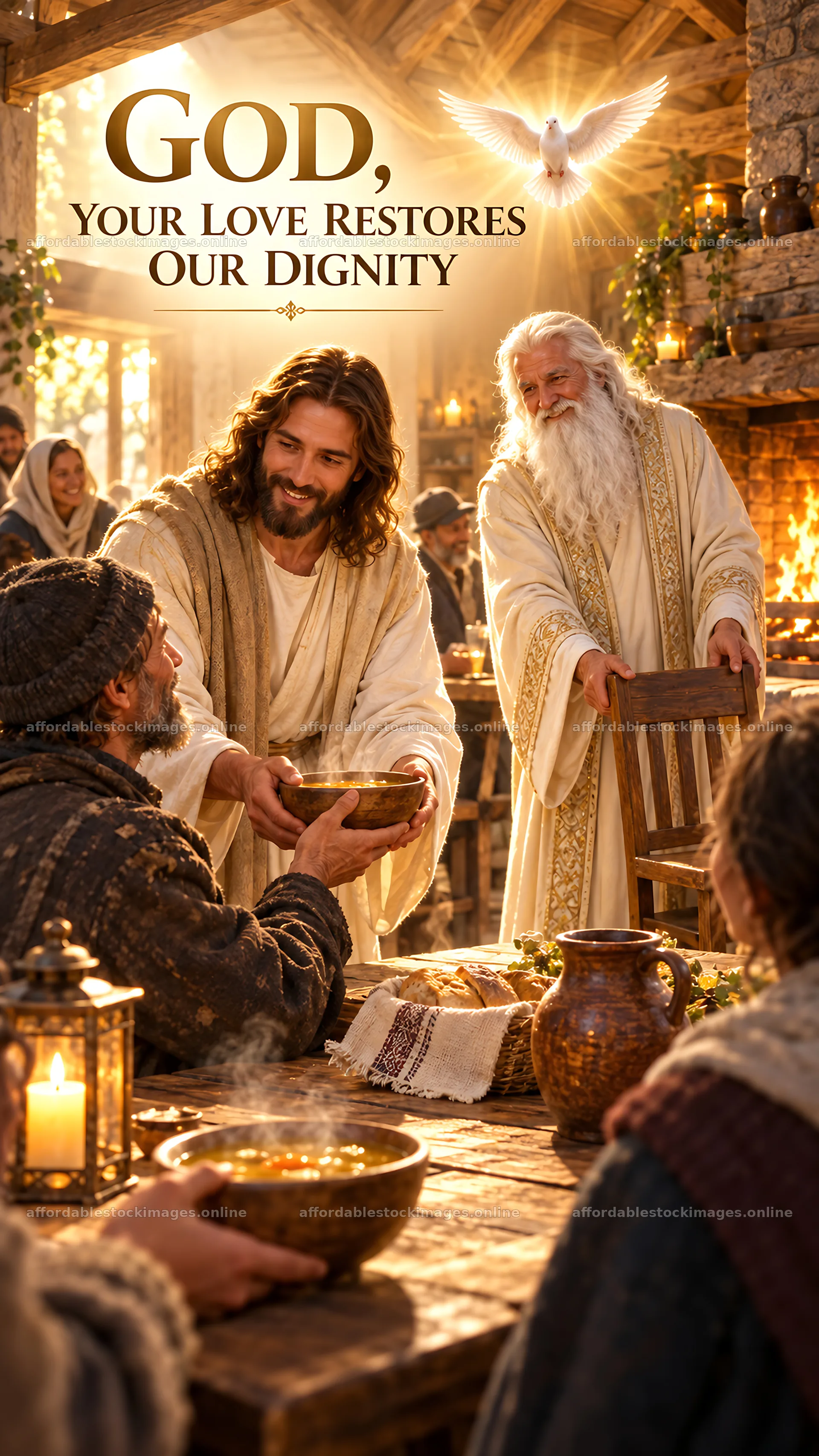 Jesus Christ sharing a meal with his followers in a warm – stock images 5811x10326