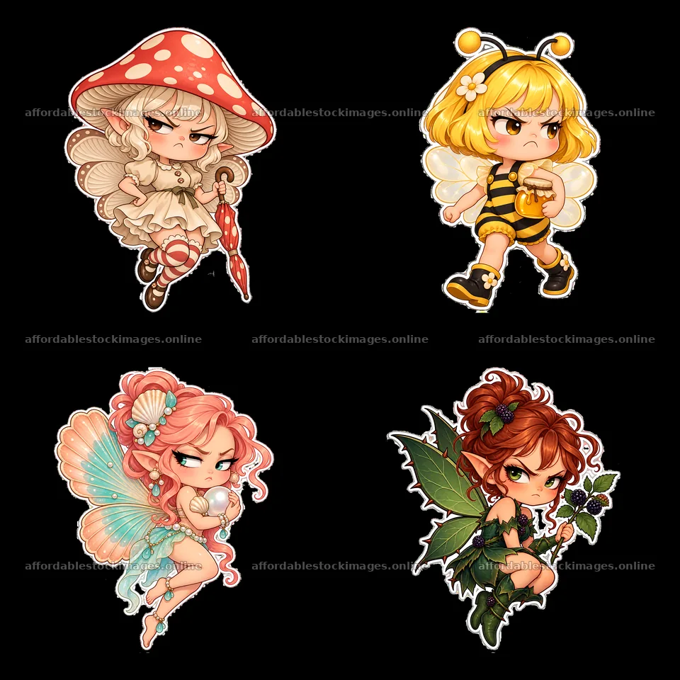 Kawaii grumpy fairy characters with unique colors and details – stock images 7746x7746