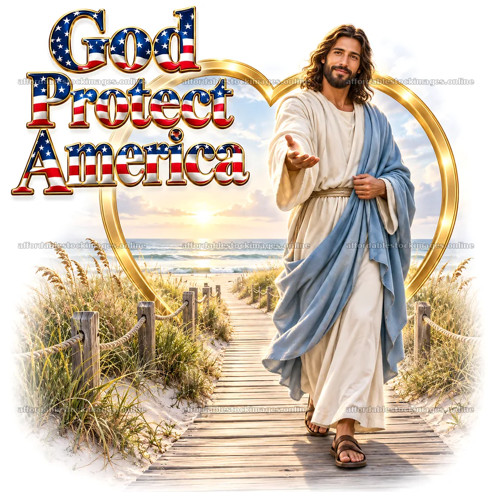 Jesus Christ offers a welcoming gesture along a beach path – stock images 7746x7746