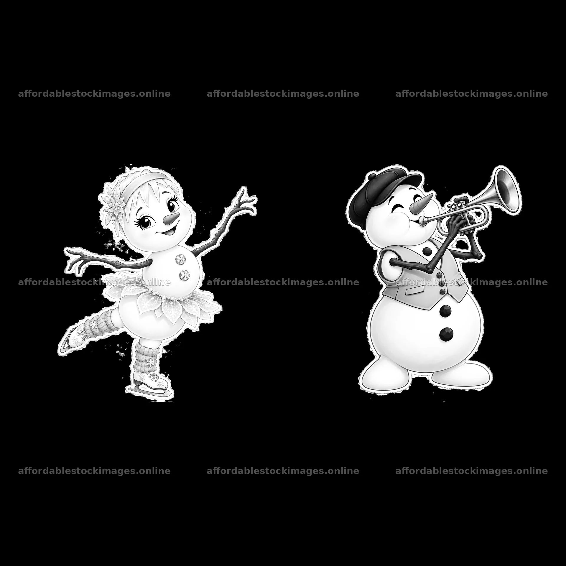 Skating snowman girl and trumpet-playing snowman sticker – stock images 7746x7746