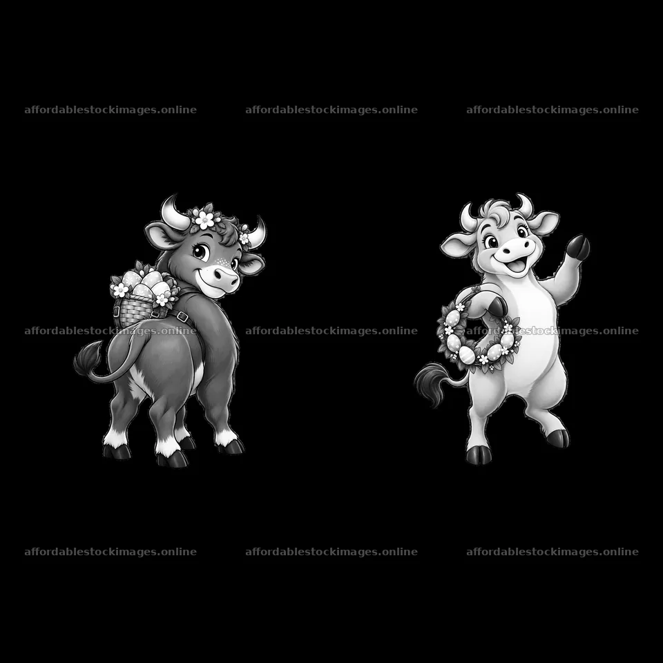 Easter ox with flower basket and wreath in monochrome design – stock images 7746x7746