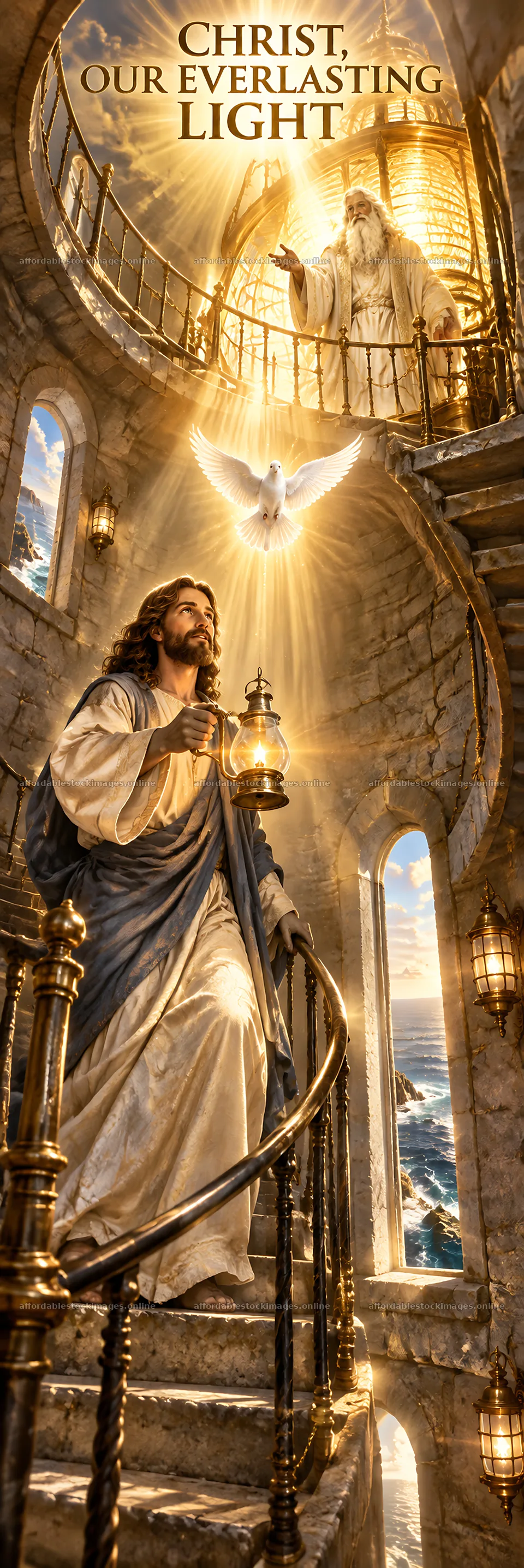Jesus Christ ascending stairs with light and lantern – stock images 4478x13401