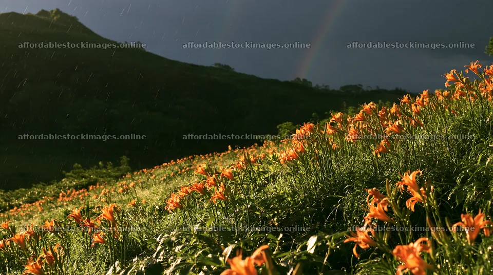 Kirigamine highland daylily meadow with rain and rainbow – stock images 10608x5938