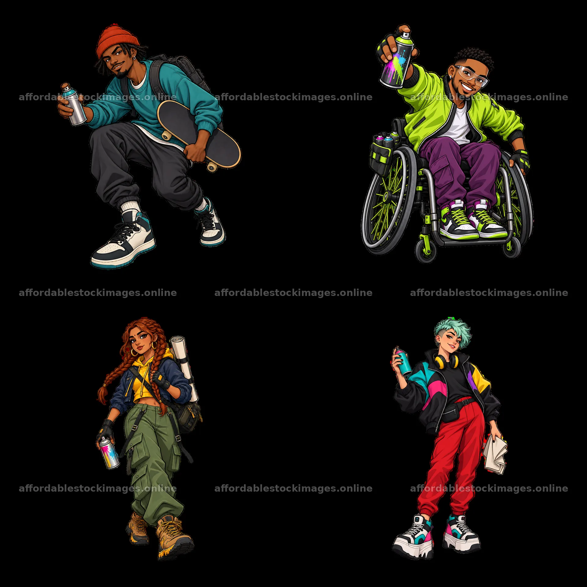 Graffiti artists in streetwear with spray cans in urban setting – stock images 7746x7746