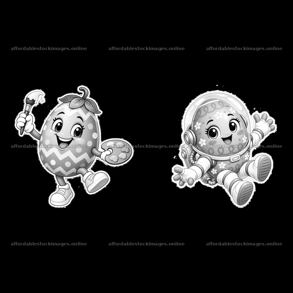 Colorful Easter egg character and astronaut in playful pose – stock images 7746x7746