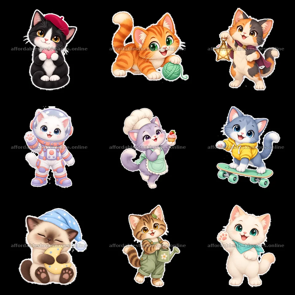Kawaii cats with toys and activities in a 3x3 layout – stock images 7746x7746