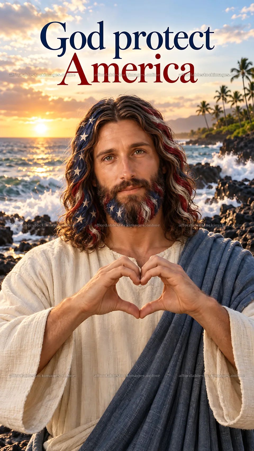 Jesus Christ making a heart gesture by the ocean – stock images 5811x10326