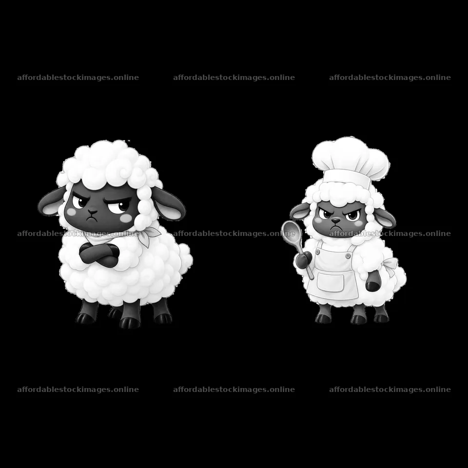 Grumpy sheep pair with chef hat and spoon in monochrome design – stock images 7746x7746