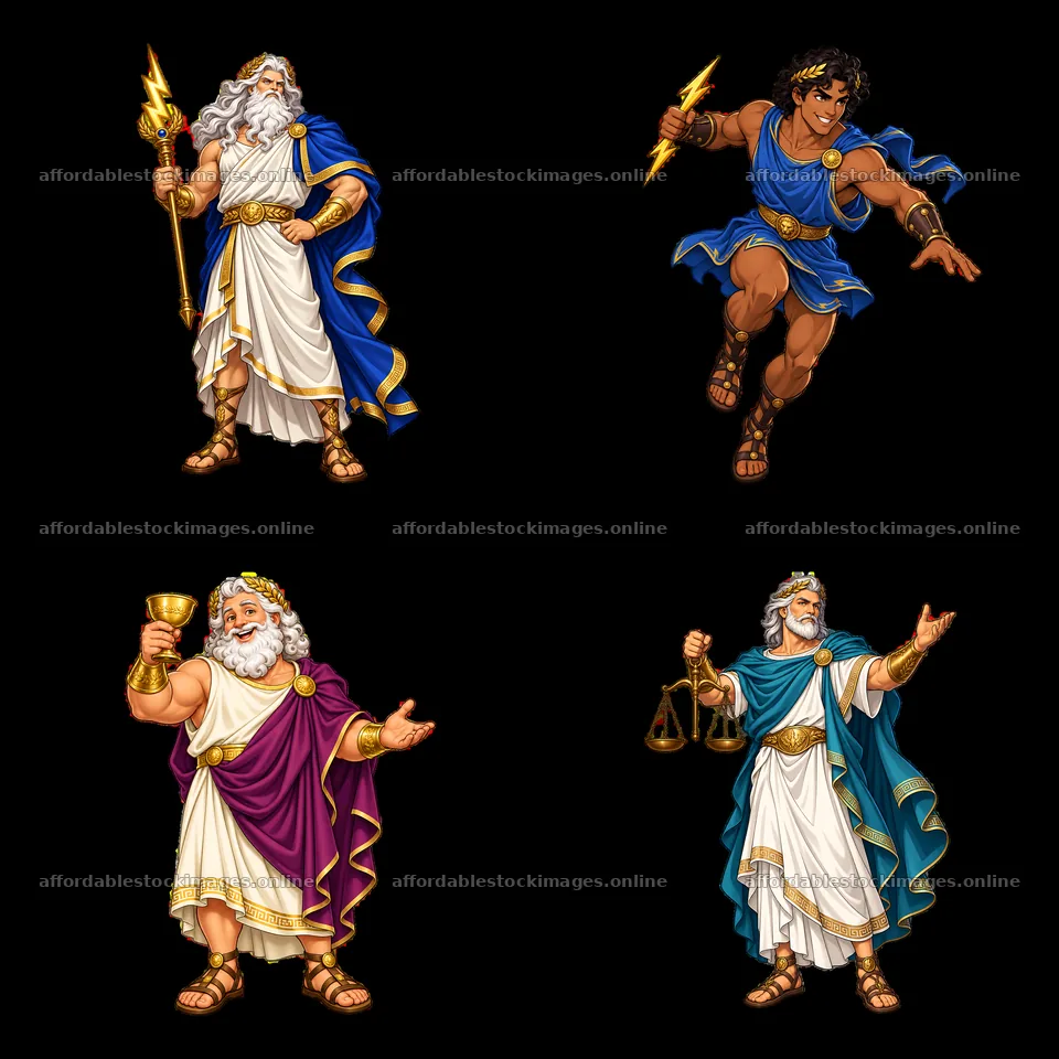 Zeus and deities in action with accessories in four unique poses – stock images 7746x7746