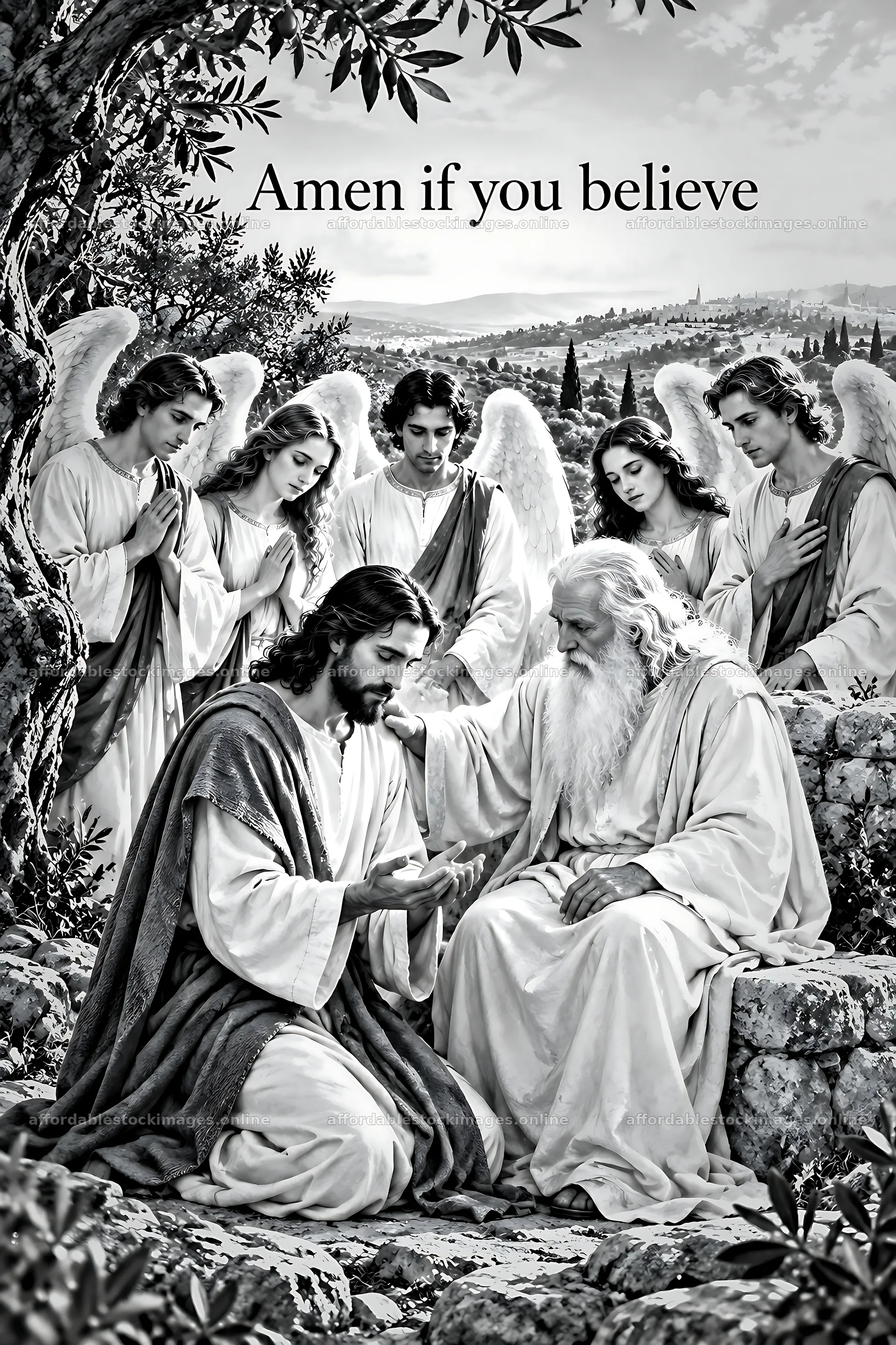 Olive trees with figures in spiritual setting – stock images 6480x9722