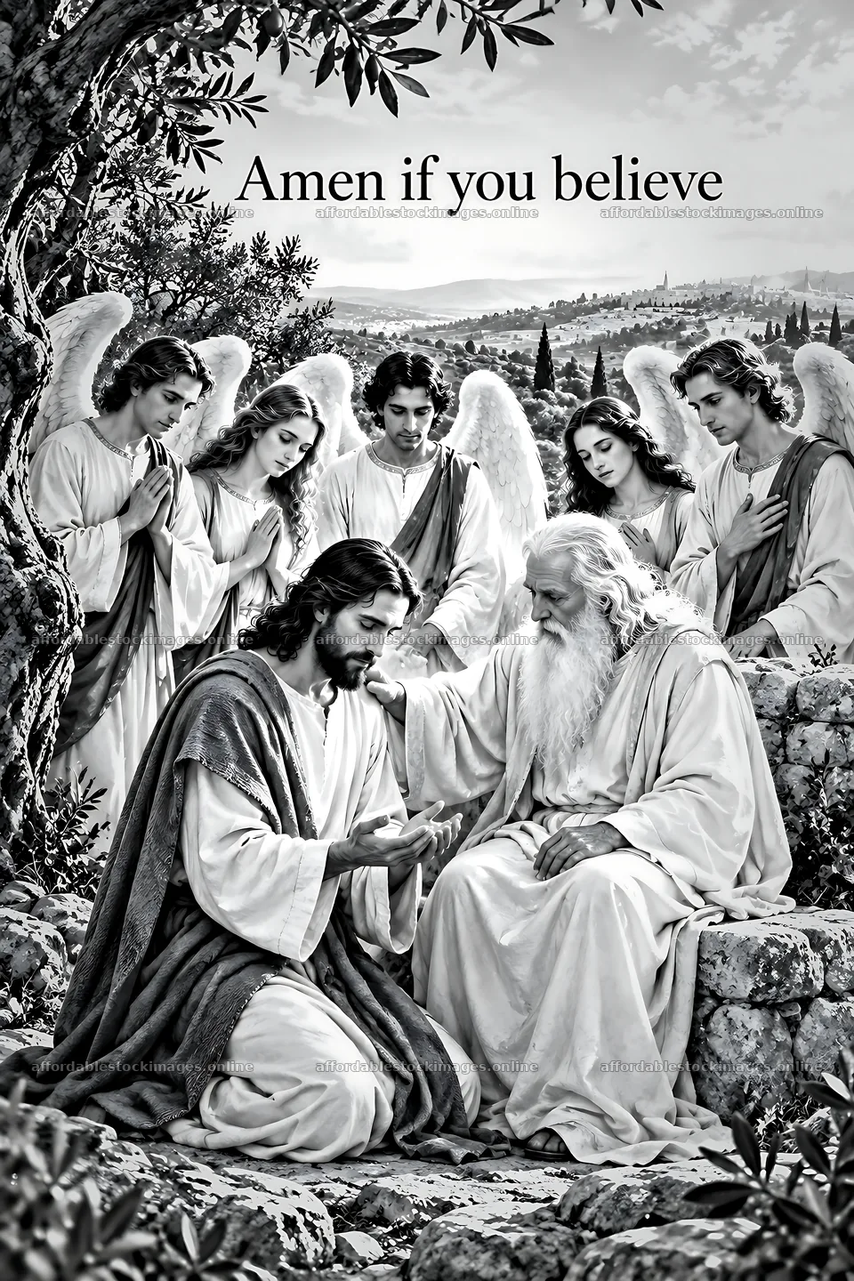 Olive trees with figures in spiritual setting – stock images 6480x9722