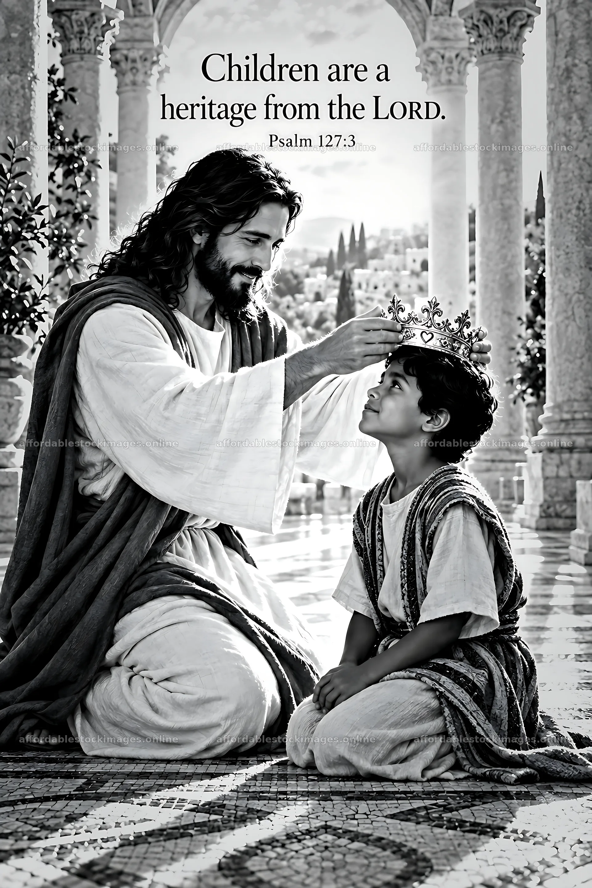 Jesus Christ crowns a young boy with love and care – stock images 6480x9722