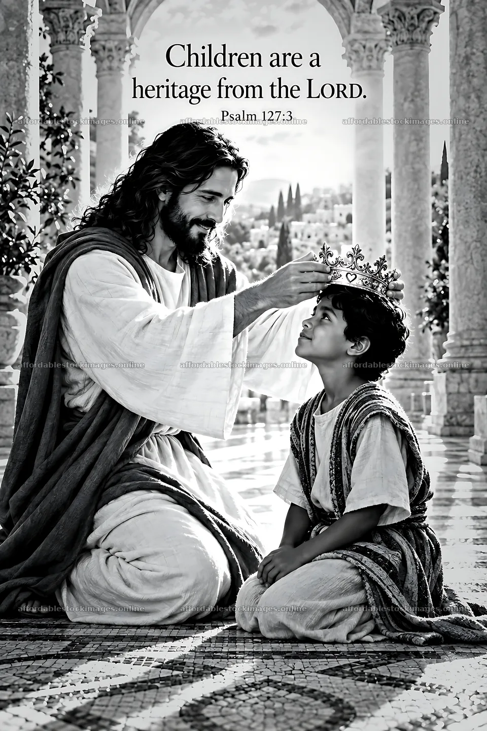 Jesus Christ crowns a young boy with love and care – stock images 6480x9722
