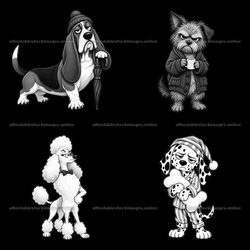 Grumpy cartoon dogs with distinct expressions and outfits – stock images 7746x7746