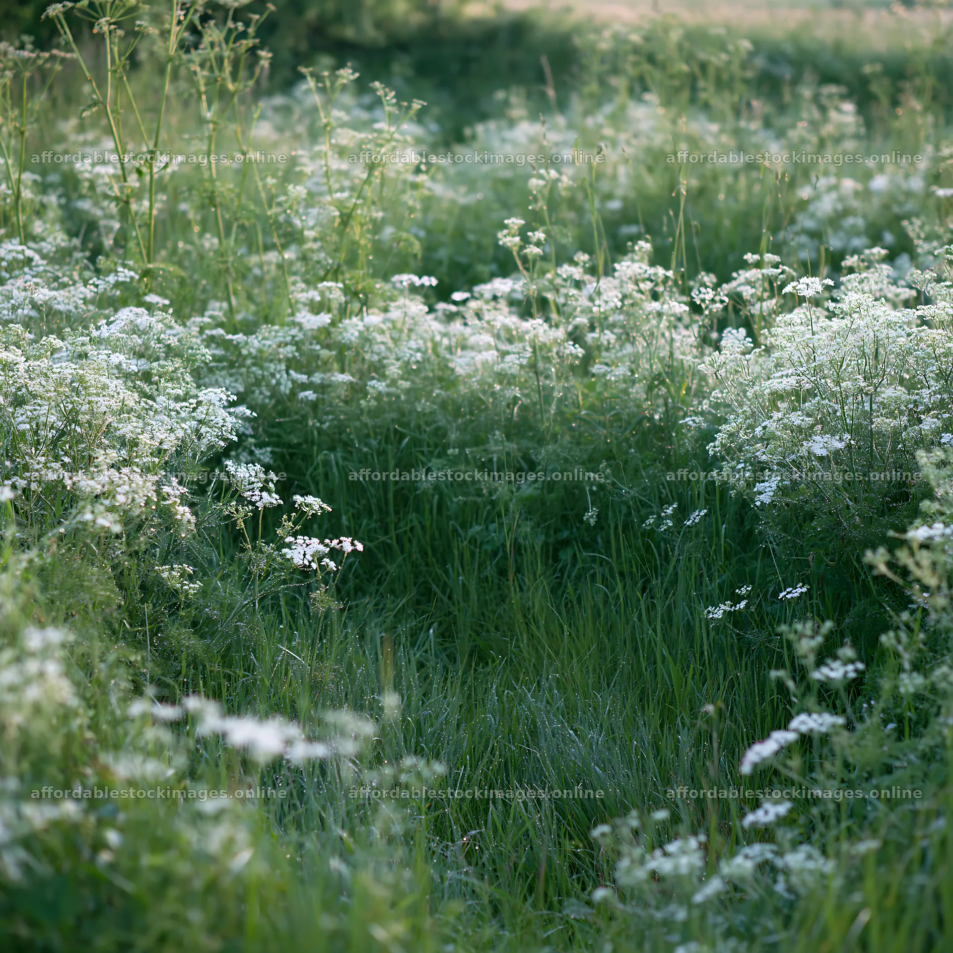 Cow parsley meadow with a natural path through the flowers – stock images 7938x7938