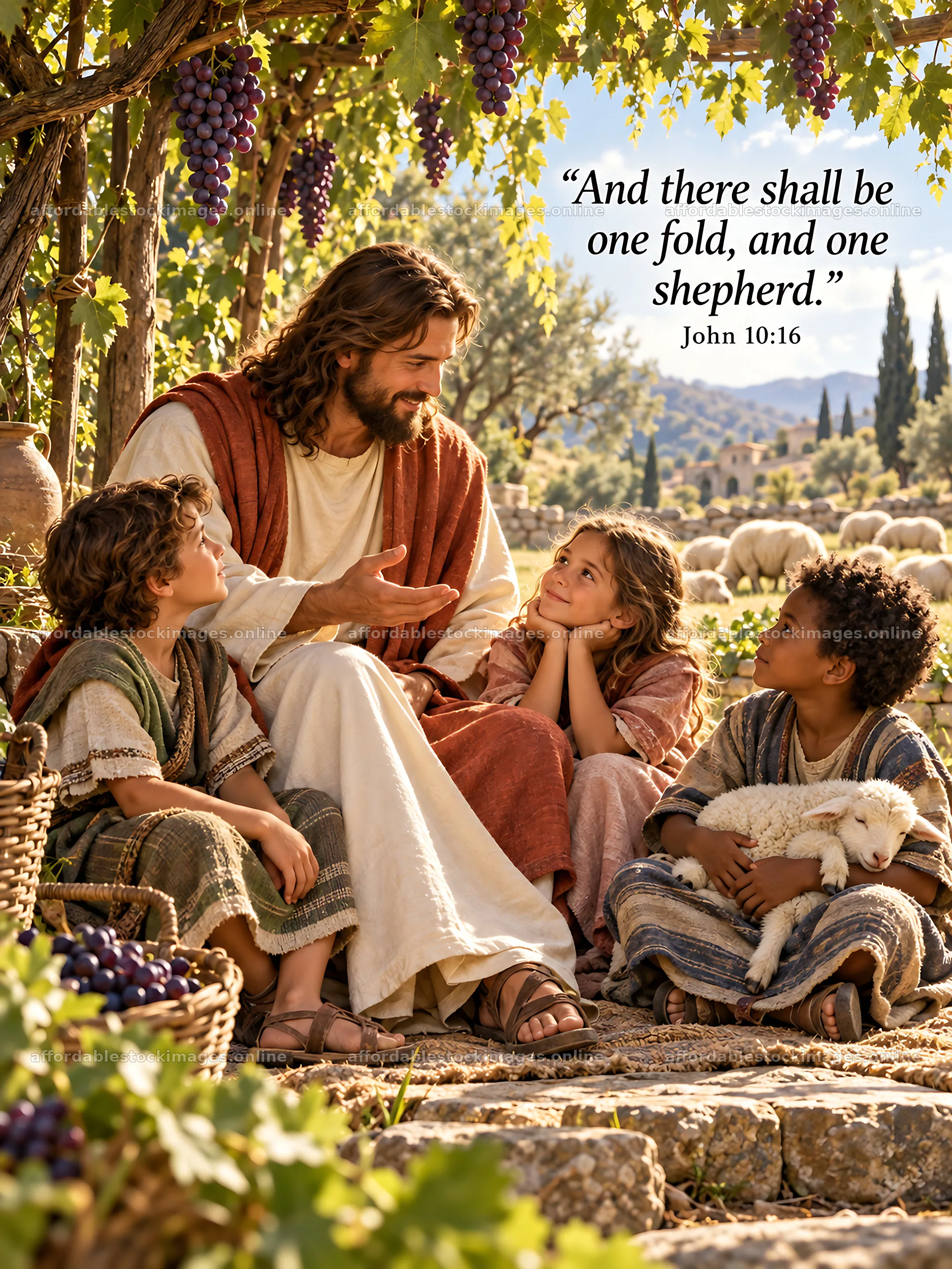 Jesus Christ teaching children in a pastoral setting – stock images 6708x8945