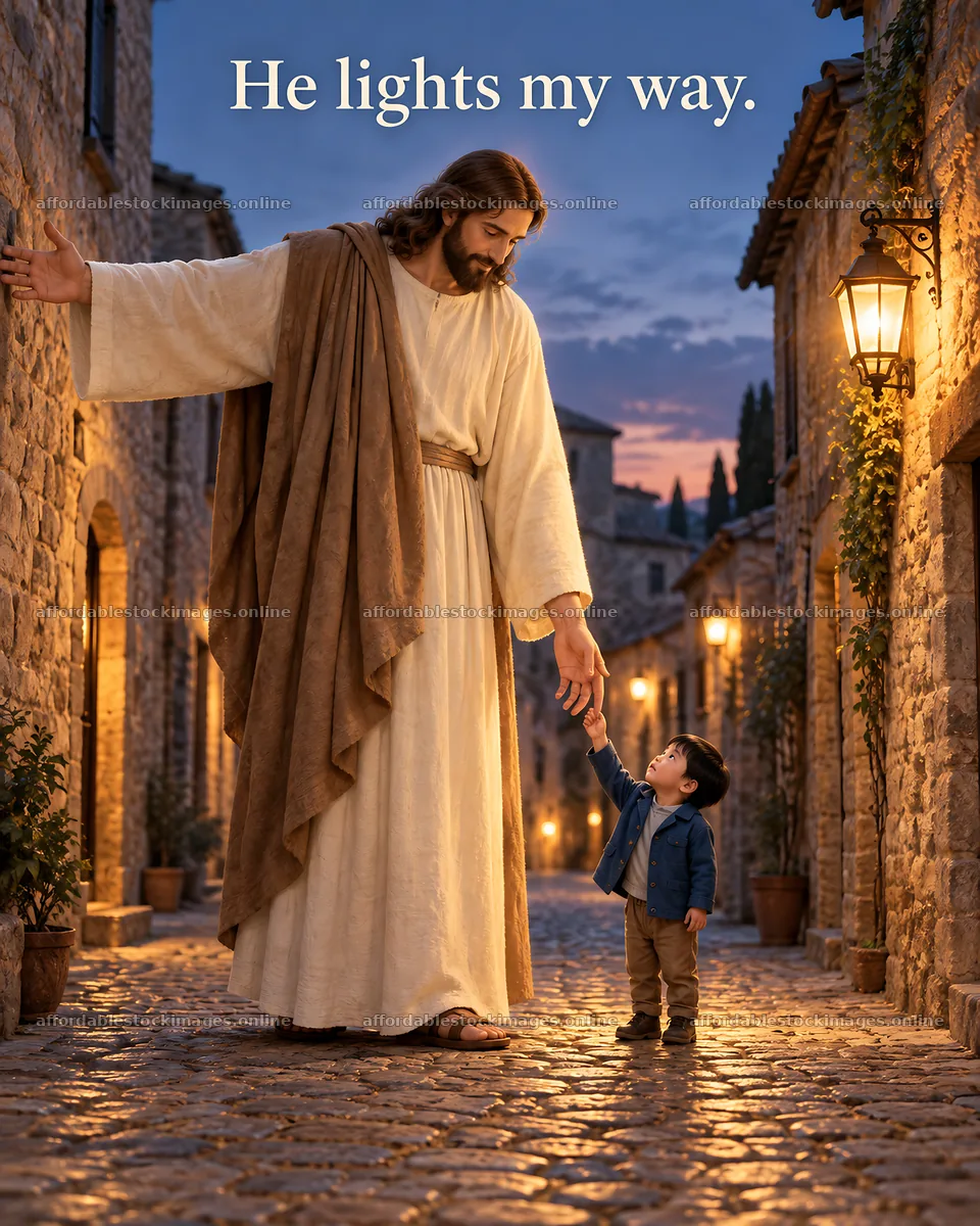 Jesus Christ guiding a child in a peaceful village setting – stock images 6930x8659