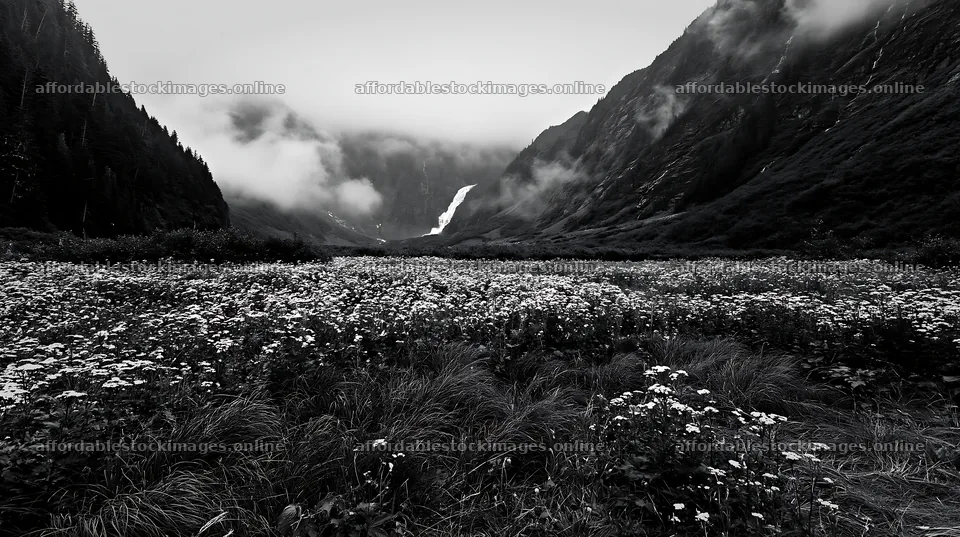Misty mountain waterfall in a meadow with wildflowers – stock images 10608x5938
