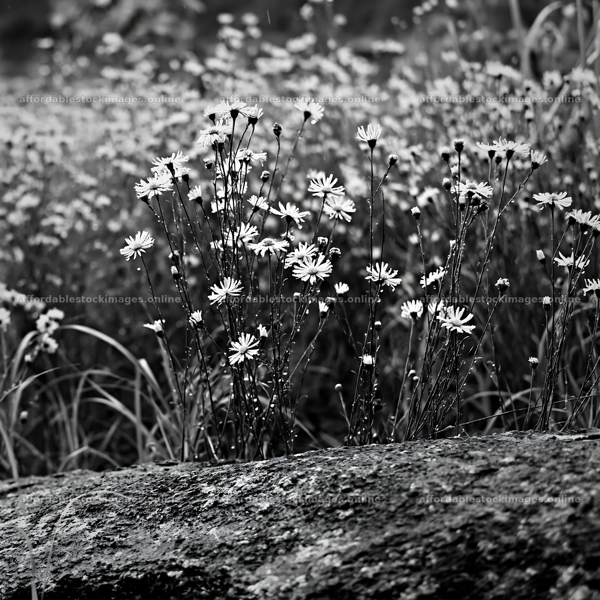 Hiroshima rainy meadow with smooth rocks and wildflowers – stock images 7938x7938