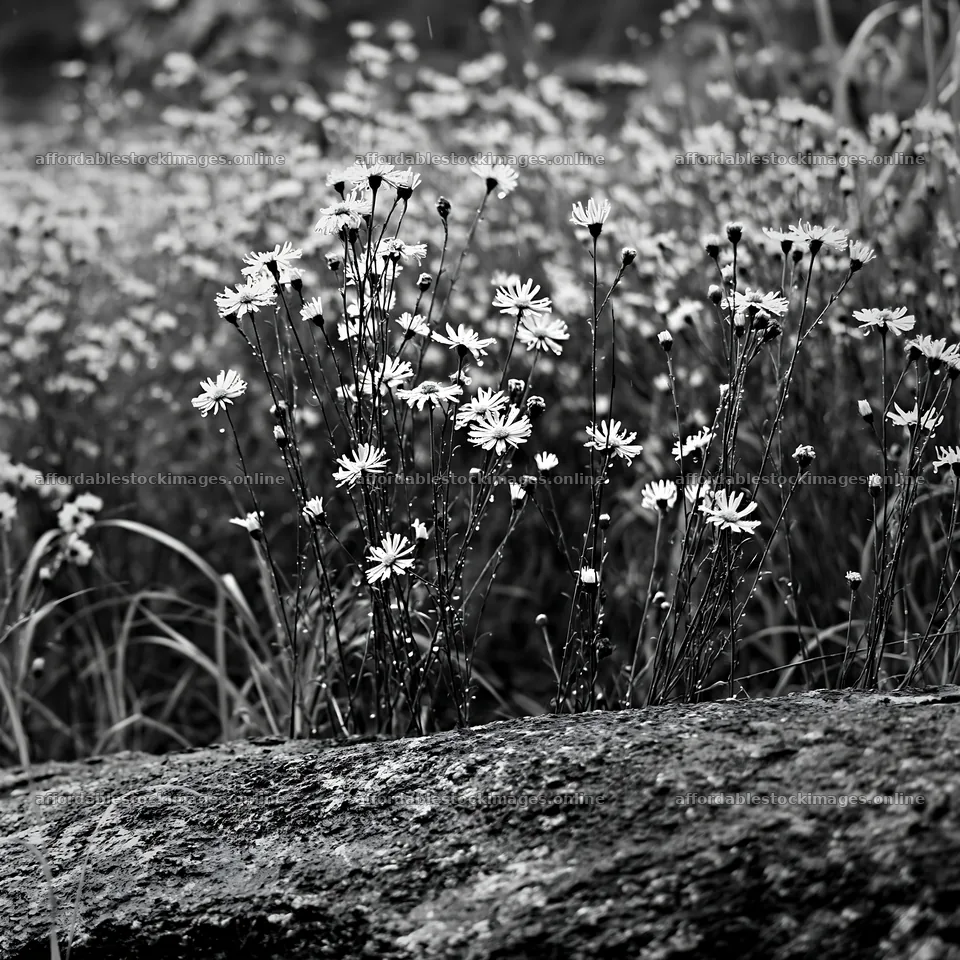 Hiroshima rainy meadow with smooth rocks and wildflowers – stock images 7938x7938